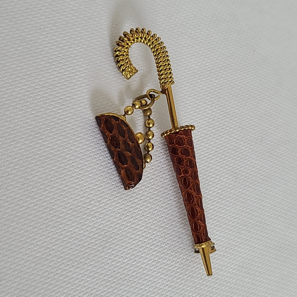Vintage Collectible Miniature Brass Umbrella Crocodile Leather Purse Brooch Pin